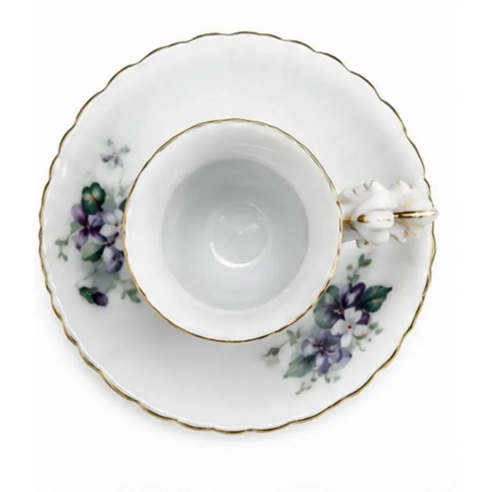 Vintage Footed Demitasse Cup & Saucer Purple Violet Floral Gold Trim Porcelain